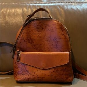 Patricia Nash Brown Leather Backpack with Vintage Map Design